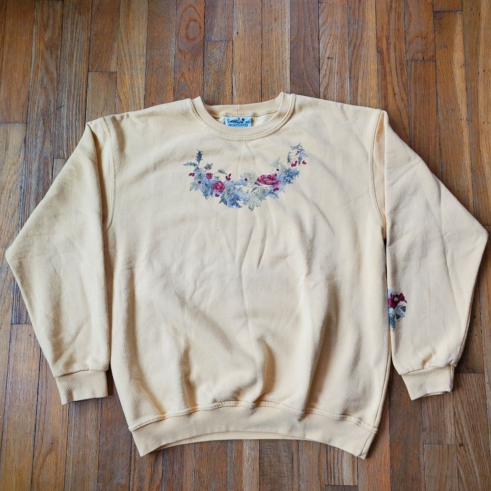 Vintage 90s Floral Cottagecore Yellow Crewneck Sweater Size Med